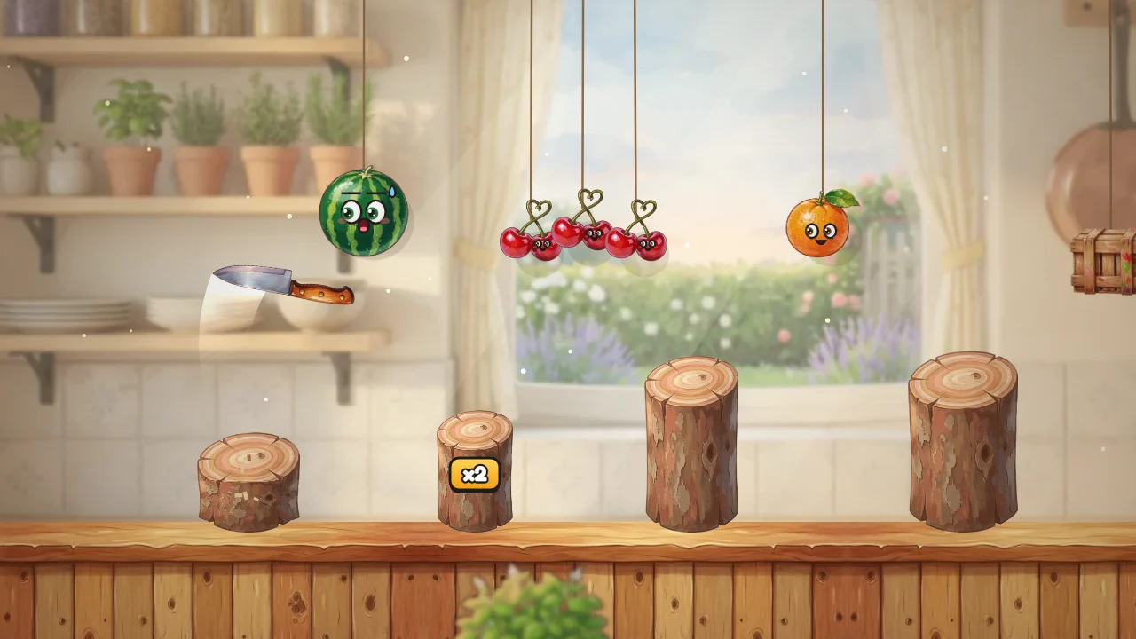 Sunny Slice: a kitchen knife flies toward a watermelon with a face on a sunny wooden table