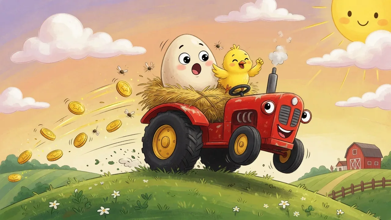 Egg on Wheels: a worried egg with a face rides in a hay nest on a red farm tractor next to a cheering chick