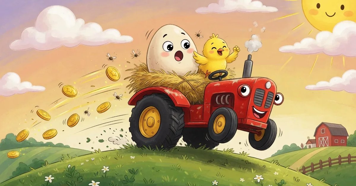 Egg on Wheels: a worried egg with a face rides in a hay nest on a red farm tractor next to a cheering chick
