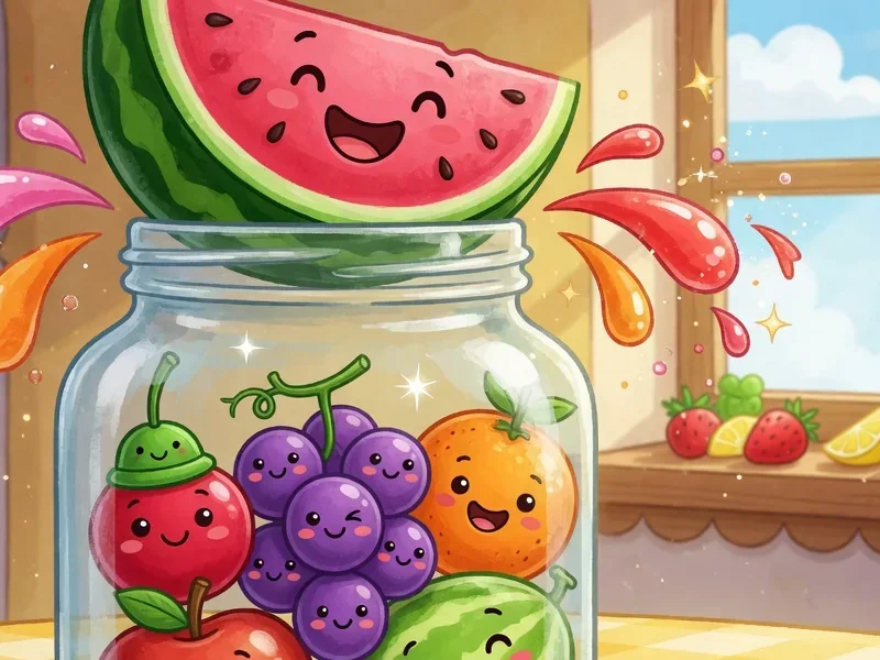 Fusión de Frutas: frutas sonrientes con cara —uvas, una naranja y sandías— llenan un frasco de vidrio en una mesa de cocina soleada mientras salpica el jugo