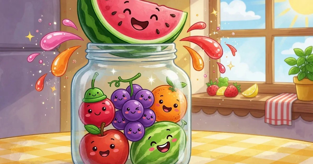 Fusión de Frutas: frutas sonrientes con cara —uvas, una naranja y sandías— llenan un frasco de vidrio en una mesa de cocina soleada mientras salpica el jugo
